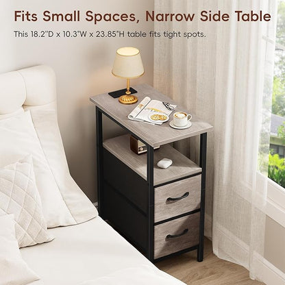 Vagusicc Set of 2 Nightstand with Charging Station and LED Lights, Narrow Side Table, LED Night Stand with 2 Fabric Drawers, Bedside Table Small End Table, Tall Nightstand for Bedroom, Rustic Grey