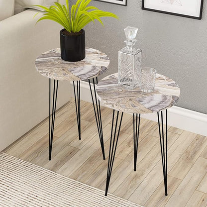 PAK HOME Set of 2 End Tables Round Wood Sofa Side Coffee Tables for Small Spaces, Nightstand Bedside Table with Metal Legs for Bedroom, Living Room, Office, Balcony (Grey Marble)
