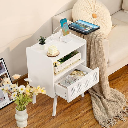 Lerliuo Rattan Nightstands set of 2 with Charging Station, Side Table with Drawer Open Shelf, Cane Accent Bedside End Table with Solid Wood Legs, Night Stand for Bedroom, Dorm and Small Spaces (White)