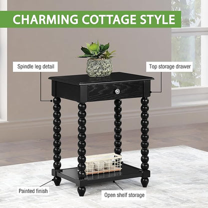 OSP Home Furnishings Elise Cottage Style Table with Spindle Legs, Open Storage Shelf, Side Table, Black Finish