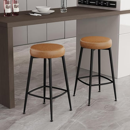 Counter Height Bar Stools, 26" H Backless Bar Stools Set of 6, Upholstered Faux Leather Kitchen Counter Stools, Mid Century Modern, Kitchen Island Home Bar, Pub, Caramel Brown