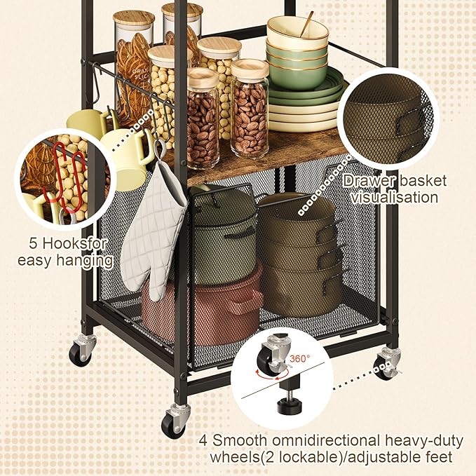 Microwave Stand with Drawers & Hooks,3-Tier Rolling Kitchen Cart for Small Spaces, Multifunctional Storage Organizer with Lockable Wheels Rustproof(Black +Vintage, 20.8 * 15.7 * 32.6inch)