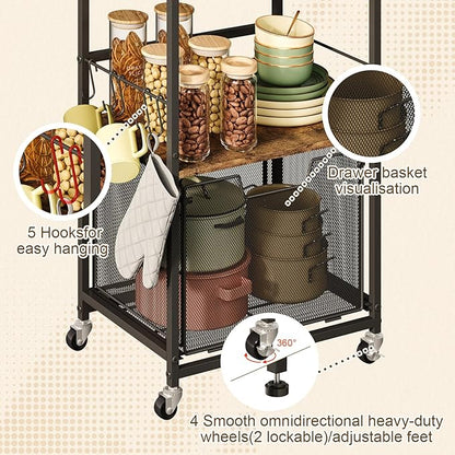 Microwave Stand with Drawers & Hooks,3-Tier Rolling Kitchen Cart for Small Spaces, Multifunctional Storage Organizer with Lockable Wheels Rustproof(Black +Vintage, 20.8 * 15.7 * 32.6inch)