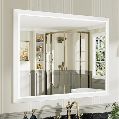 40x32 Inch White Bathroom Mirror for Wall, Thick Metal Framed Rectangle Mirrors for Over Sink, Bedroom, Living Room, Entryway, Anti-Rust, HD Tempered Glass