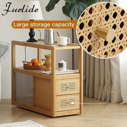Rattan Nightstand Side Table with Storage, Bamboo Nightstand Bedside Table, Glass Mid Century Modern End Tables for Small Spaces, Living Room, Bedroom，Wood