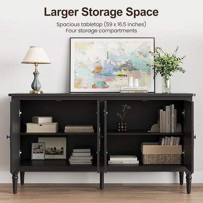 Console Cabinet, 58'' Mid Century Modern Pantry Sideboard, Wood Buffet Cabinet, Media Cabinet with 4 Doors, Accent Cabinet for Entryway, Living Room, Dining Room (Black)