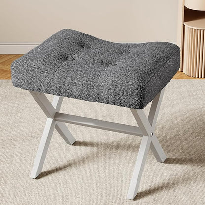 18-Inch Large Vanity Stool Chair, Vanity Bench with Metal X-Legs, Ottoman Foot Stool with Breathable and Soft Boucle Fabric Saddle Seat, Grey