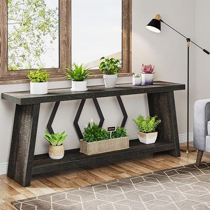 Tribesigns 70.86-Inch Long Sofa Table for Living Room, 2-Tier Narrow Console Table with Storage, Wood Foyer Entryway Couch Table for Hallway, Entrance (Dark Gray)