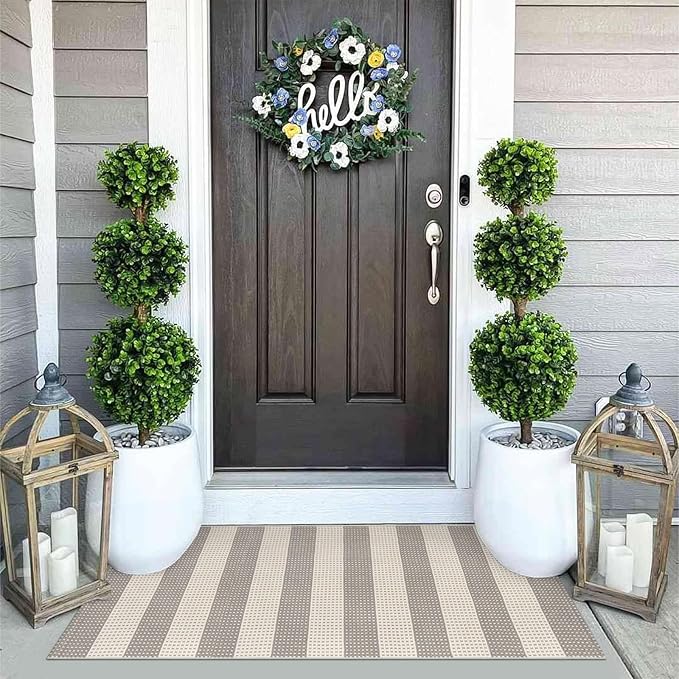 OJIA Front Door Rug 24"x51" Washable Checkered Rug Cotton Woven Small Outdoor Rug Kitchen Entryway Rugs Indoor Doormat Outdoor Entrance Porch Carpet for Bathroom Bedroom (Gray/White/Tan)