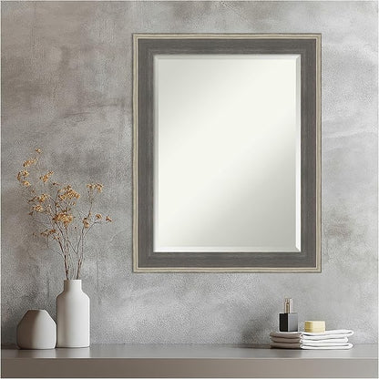 Amanti Art Grey Wall Mirror 29x23 Cottage Grey Silver Rectangle Bathroom Mirror for Wall Decor Living Room, Medium Casual Wood Frame, Hangs Horizonally and Vertically, Bathroom Decor, Beveled Edge