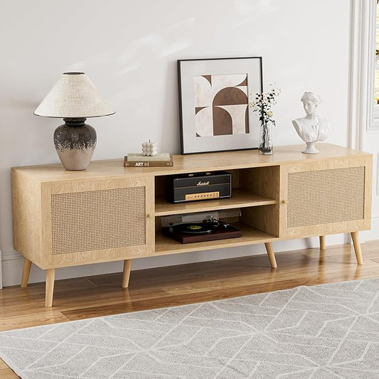 TV Stand for TVs up to 65'', Entertainment Center With Rattan Door, Shelves & 2 Cabinets, Long Boho Media Console for Living Room, Natural