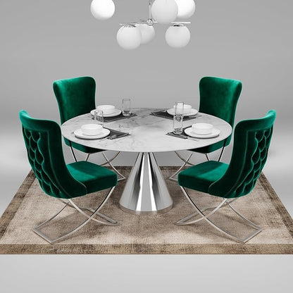 Ottomanson Royal Dining Chairs Set of 4 – Upholstered Tufted Microfiber, Assembled, Silver Metal Legs, Beech Wood Frame, 350 lb Capacity, Green