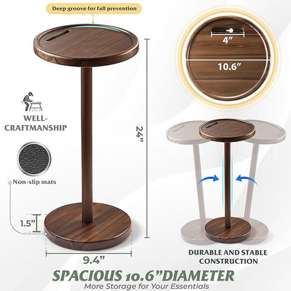 Drink Table, 24.4" Tall Compact Side Table with Phone Slot and Weighted Base, Durable Pedestal Table Accent for Living Room (Flat, Walnut)