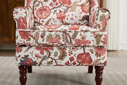 Ball & Cast Modern Accent Chair,Comfy Upholstered Armchair with Retro Wood Legs,Floral Design Single Sofa Chair,Living Room Furniture for Apartment,Bedroom,Office,Linen Fabric,Floral Red