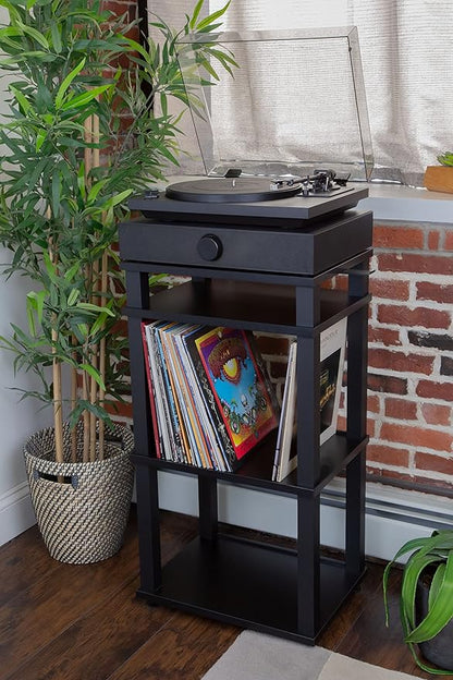 Andover Audio SpinStand Rack for Records and Audio Components - Metal-Reinforced, Holds 150 LPs, Optimum Height & Storage Space, Ideal for Turntables, Vinyl, SpinBase Systems (Black)