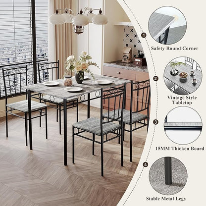 5 Piece Dining Table Set, Modern Metal&Wood Kitchen Dinner Table with 4 Chairs, Dining Room Table Sets for Small Spaces, Gray