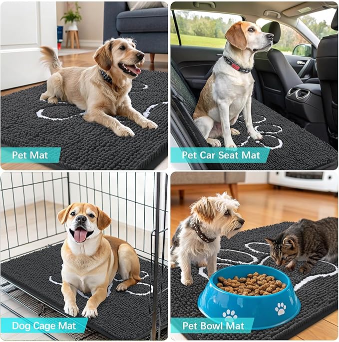 OLANLY Door Mat for Muddy Dog Paws 70x24, Ultra Absorbent Chenille Mud Doormat with Paw Print Design, Non-Slip Washable Doormat for Indoor Entryway, Quick-Dry Pet Bed Mats for Dirty Dogs, Dark Grey