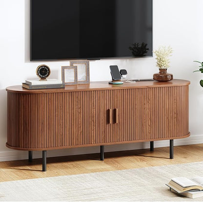 TV Stand with Power Outlet, Mid-Century Modern Television Stand, Media Console with Sliding Doors, Entertainment Center for TVs up to 60 Inch, Adjustable Shelves, Walnut