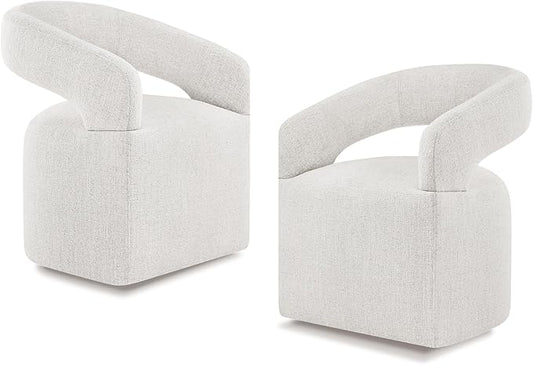 Upholstered Dining Chairs with Casters Modern Barrel Side Armchair with Rollers for Diningroom Bedroom Livingroom Reading Room, Beige, 2PCS