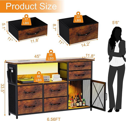 TV Stand Dresser for Living Room, LED TV Stand with 6 Drawers and Lights for Bedroom, Up to 50 inch TV, Long and Wide Dresser Storage Table with Metal Door, Rustic Brown
