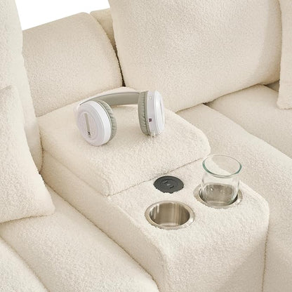 92-Inch Teddy Boucle Tufted Sofa Couch with Storage Console and Chaise Lounge, L-Shaped Left Facing Corner Sectional Sofa Couch with Cupholders, USB Ports and Golden Accent for Living Room Office