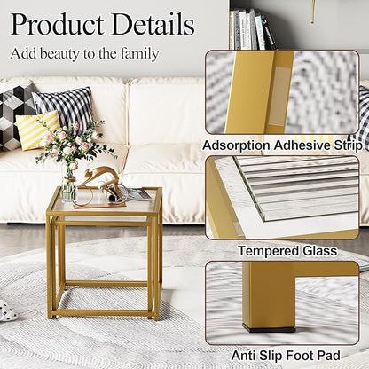 Garden 4 you Coffee Table Set of 2, Modern Patterned Glass Nesting Table, Metal Frame Square Center Table Set, Side Tables, Nesting Coffee Table for Living Room, Bedroom and Small Spaces, 19.7in Gold