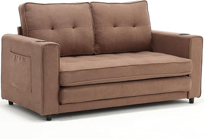 ERYE 3 Fold Tufted Upholstered Futon Sofa Bed Modern Convertible Foldable Floor Loveseat Sofabed with Pull Out Sleeper Couch Daybed W/Cupholders and Pockets for Living Room
