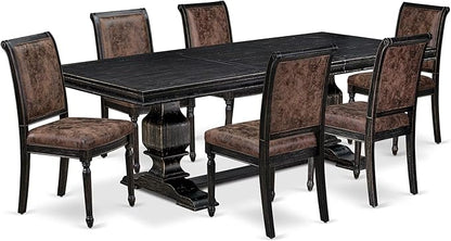 LKCY7-SBB-33 7-Piece Kitchen Table Set Consists of a Dining Table and 6 Brown Textured Polyester Fabric Dining Chairs with High Back - Sand Blasting Black Finish
