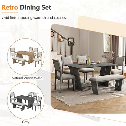 Ball & Cast 6-Piece Dining Table Set for 6 People, 60" Wood Dining Kitchen Table & Chairs Set, Rectangular Dining Room Table with Trapezoidal Base,4 Upholstered Chairs & 1 Bench, Kitchen, Gray