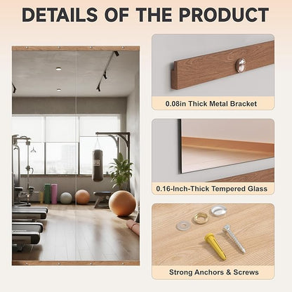 Hasipu 3Pcs 55''x17'' Home Gym Mirror Large Full Length Wall Mounted Full Body Mirror for Yoga Dance Fitness Exercise Studio Bedroom Garage, Frameless Tempered Glass Workout Mirrors Walnut Rectangular