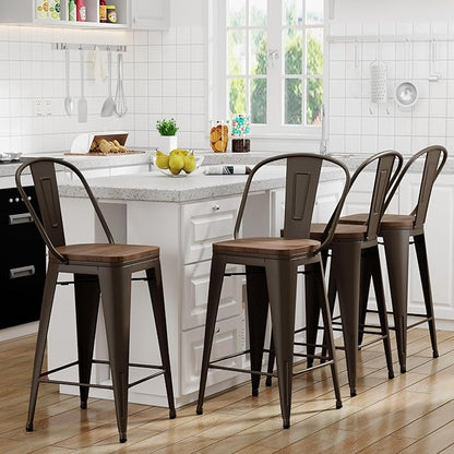 Yongqiang 26 inch Bar Stools Set of 4 Kitchen Counter Height Bar Chairs High Back Metal Barstools with Large Wooden Seat Industrial Rusty