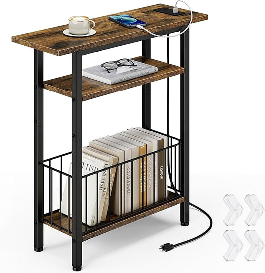 Vagusicc Narrow Side Table with Charging Station, 3-Tier Skinny Side End Table for Couch Sofa, Small End Side Tables for Small Spaces, 25.2" Tall Slim Nightstand for Living Room, Bedroom, Rustic Brown