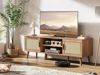 SUPERJARE Boho TV Stand for 65 Inch TV, Entertainment Center with Adjustable Shelf, Rattan TV Console with 2 Cabinets, Media Console, Solid Wood Feet, 4 Cord Holes, for Living Room, Walnut