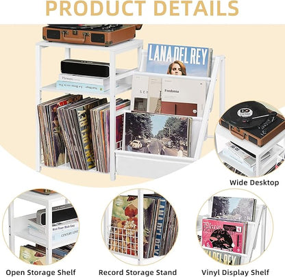 LELELINKY Record Player Table,Turntable Shelf with Vinyl Storage Up to 180 Albums,White Side Table with 3 Tier Magazine Periodical Book Rack,Wide Metal Record Holder Cabinet for Office, Music Room