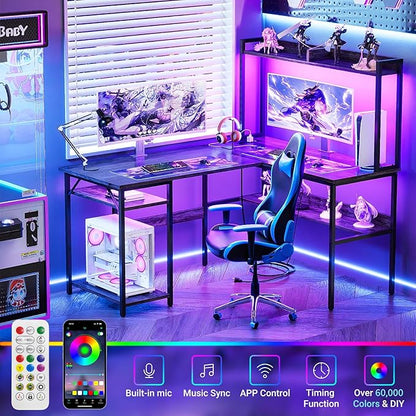 L Shaped Computer Desk with Hutch and Storage Shelves, Gaming Desk with LED Lights, Reversible L-Shaped Desk with Power Outlets, Home Office Desk, Corner Desk, Black Oak