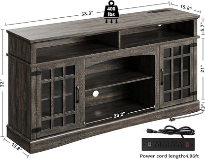 IRONCK Farmhouse TV Stand for 65 Inch TV, 32“Tall Entertainment Center with Power Outlets, Rustic TV Cabinet with Glass Door Media Console, TV Console for Living Room,Dark Rustic Oak