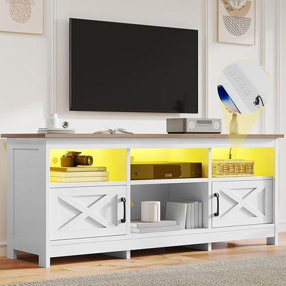 DWVO TV Stand for up to 65 Inch TV, Entertainment Center with Storage, TV Cabinet with Power Outlet & LED Light Strip, Media Console Television Stands for Living Room, White & Walnut