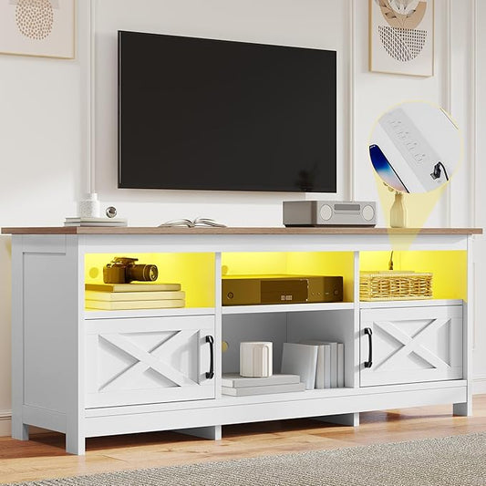 DWVO TV Stand for up to 65 Inch TV, Entertainment Center with Storage, TV Cabinet with Power Outlet & LED Light Strip, Media Console Television Stands for Living Room, White & Walnut