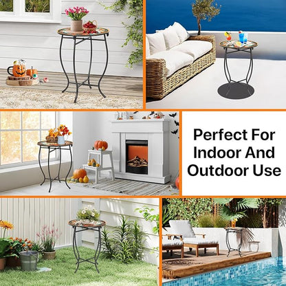 Round Side Table, Indoor Outdoor Small Side Table, Weather Resistant Metal Table for Livingroom Patio Balcony Yard Porch Garden, 17 Inch Heigh Patio Accent Table Plant Stand