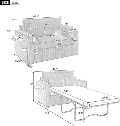 Twin Size Sofa Bed 47.2" Sleeper Sofa Loveseat Sofa with a Foldable Mattress, a Foldable Side Table, a Side Storage Pocket and Two USB Ports for Living Room, Black