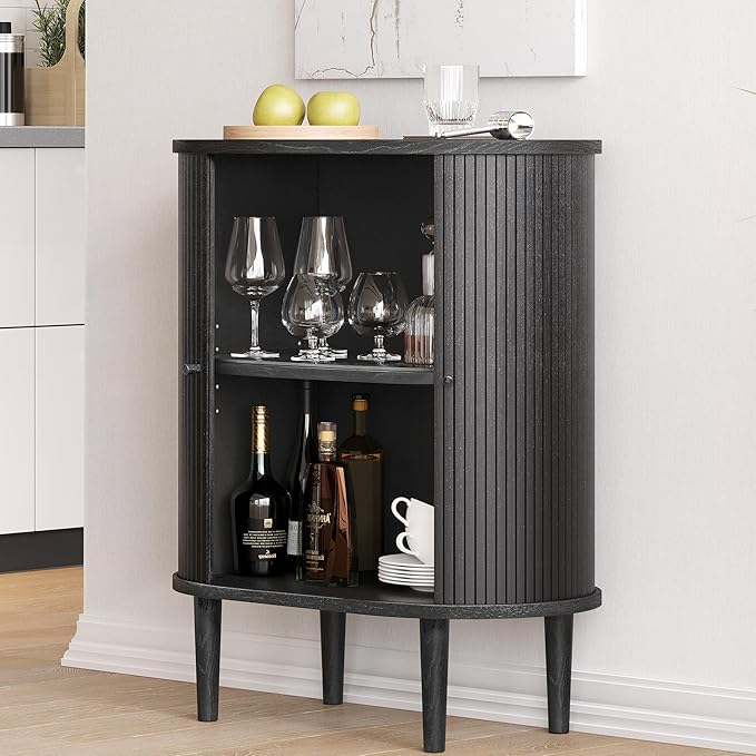 WERMO 28'' Black Bar Cabinet with Storage and Shelves - Coffee and Wine Bar Black Cabinet with Doors, Small Liquor Dining Room Sideboard, Narrow Living Room Credenza, Coffee Station (Black Oak)