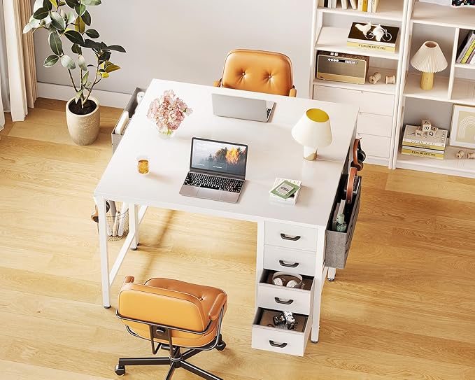 Casaottima 32 inch Small Computer Desk with 4 Fabric Drawers, Side Hook and Cloth Bag, Kids Study Table for Bedroom and Small Space, Pure White