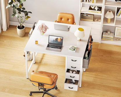 Casaottima 32 inch Small Computer Desk with 4 Fabric Drawers, Side Hook and Cloth Bag, Kids Study Table for Bedroom and Small Space, Pure White