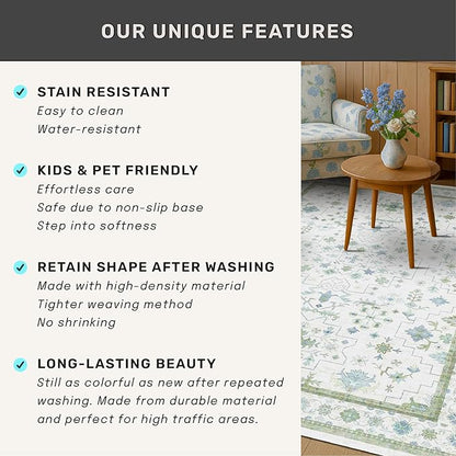 Cream Green and Blue Turkish Bathroom Runner 2x5 - Oushak Vintage Boho Floral Pastel, Washable Low Pile Non Slip Stain Resistant Small Throw Rug for Kitchen, Bedroom, Laundry