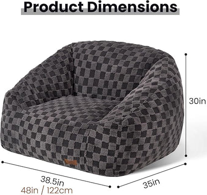 Bean Bag Chairs for Adults, Giant Beanbag Sofa Comfy Reading Chair, Oversized Bean Bag Chairs for Living Room Bedroom, Soft Faux Fur Fabric, 3.2FT, Dark Grey, Checkered