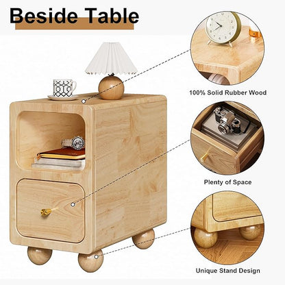 Solid Wood Night Stand, Narrow Nightstand with Drawers, Natural Mid Century Modern Nightstand, Small Beside Table with Open Storage Shelf for Bedroom (10 inch)