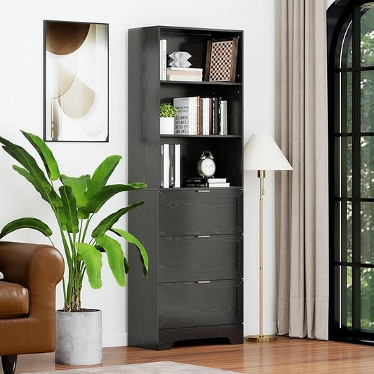 Modern Black Bookshelves and Bookcases with Drawers, 6 Tier Tall Bookshelf with Drawers, Industrial Wood Bookcase, Floor Standing Display Case with Storage,Living Room,Office