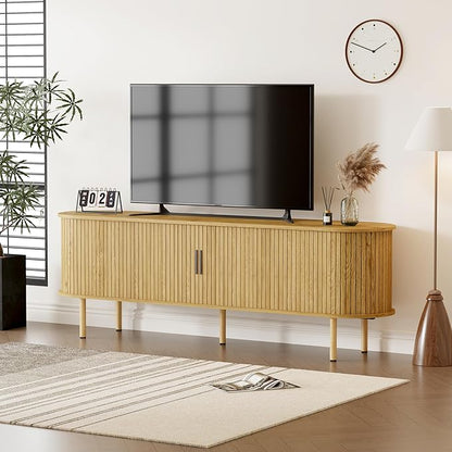 70.1" TV Stand, Modern TV Console Table with Storage Compartment and Sliding Door, Gaming Entertainment Center with Cabinet for Living Room, Bedroom, Office, Oak
