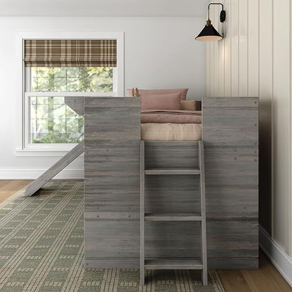 Max & Lily Loft Bed Twin Size, Solid Wood Low Loft Bed with Slide and Ladder, Modern Farmhouse Loft Bed for Kids, Driftwood