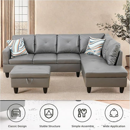 L Shaped Sectional Couches, Leather Modular Sectional Sofa with Ottoman Storage, Modern Lounge Sofa with Chaise for Living Room, Bedroom, Small Spaces, Gray